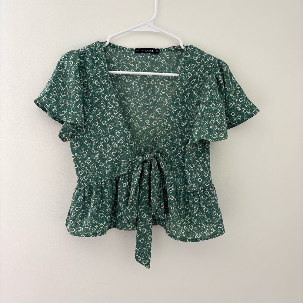 floral green tie front peplum top
